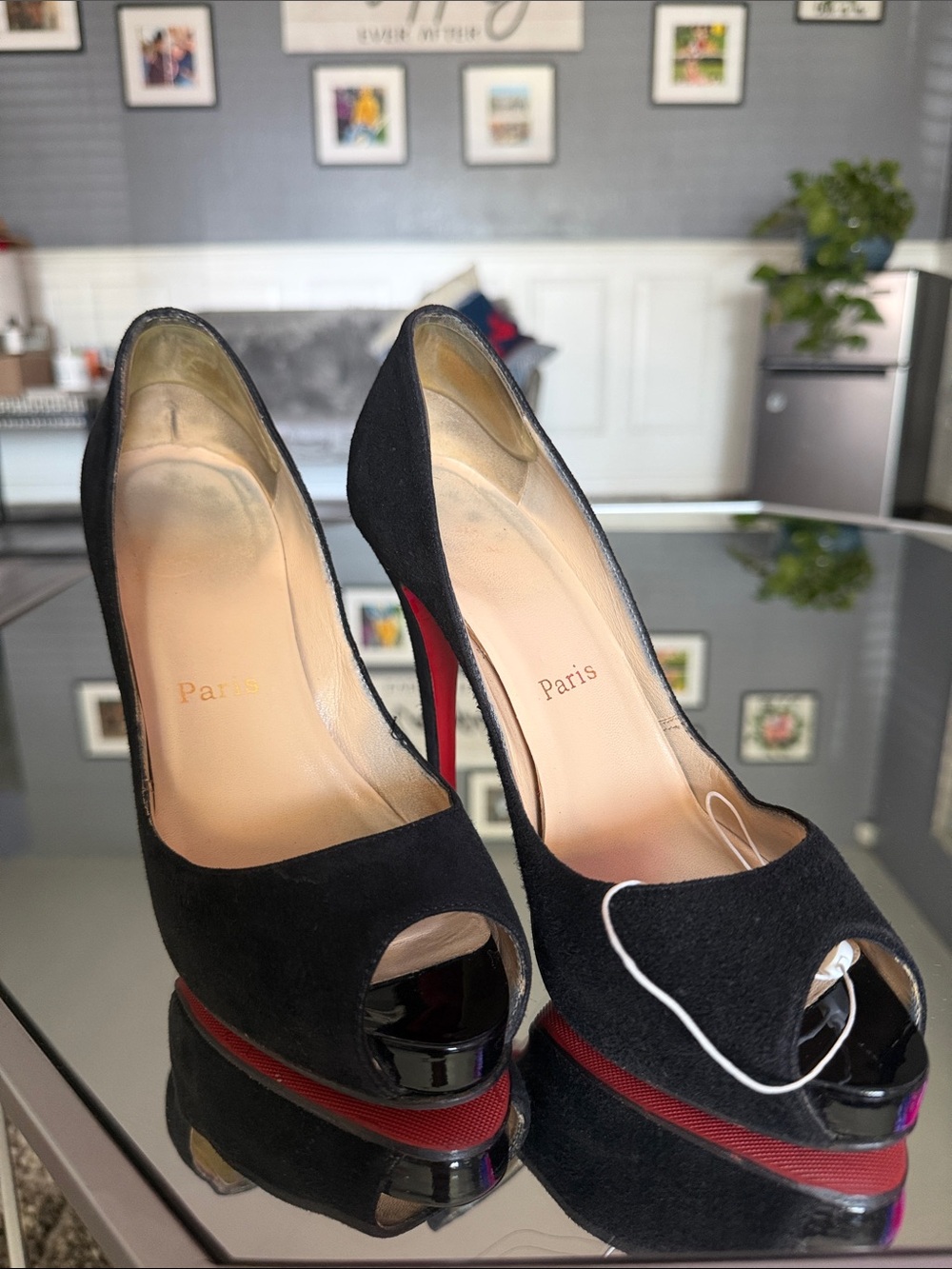 Christian Louboutin Black Suede Peep-Toe Heels with Red Platform